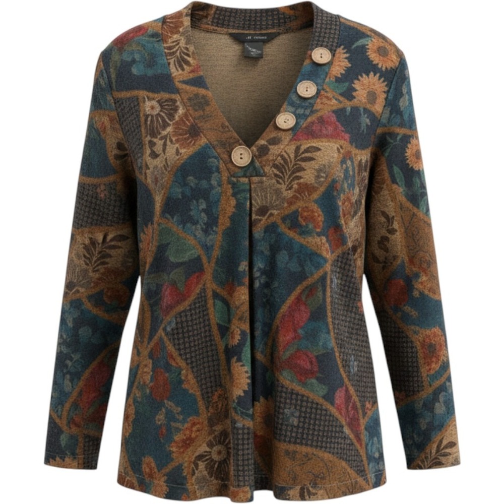 Ali Miles Womens PM Patchwork Floral Button detail Top Multicolor Art to wear